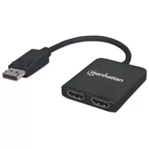 Manhattan DisplayPort 1.2 to 2-Port HDMI Splitter Hub with MST 4K@30Hz USB-A Powered Video Wall Function HDCP 2.2 Black Three Year Warranty Blister