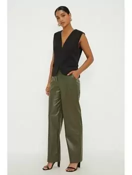 Dorothy Perkins Faux Leather Straight Leg Trouser - Olive, Green, Size 10, Women