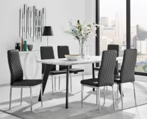 Andria Marble Effect Dining Table With Black Legs & 6 Milan Faux Leather Silver Leg Chairs