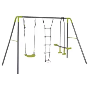 HOMCOM 3 in 1 Kids Swing Set Garden Swing with Single Swing, Glider, Rope Ladder, Metal Frame, for 4 Children 3-10 Years Old