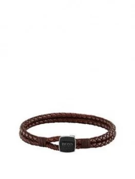 Boss Seal Braided Brown Leather Band With Logo Stainless Steel Clasp