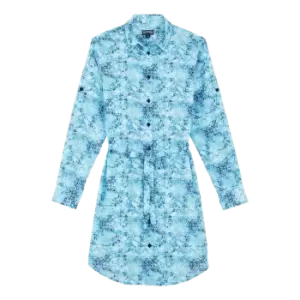 Women Cotton Voile Shirt Dress Flowers Tie & Dye - Florence - Blue - Size M - Vilebrequin