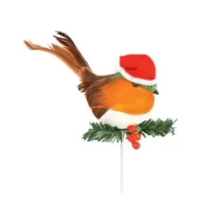 Premier Robin With Santa Hat Pick Christmas Decoration (One Size) (Red/Orange/Brown)