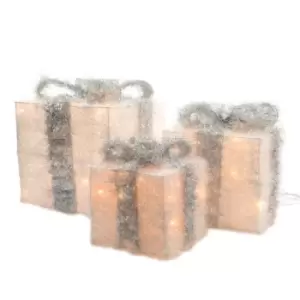 Light Up Christmas Gift Present Boxes - Under Tree Decorations - Silver & White - Silver & White