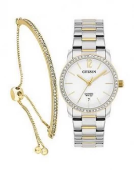 Citizen White With Gold Detail Crystal Set Date Dial Two Tone Stainless Steel Bracelet Ladies Watch And Swarovski Crystal Toggle Bracelet Gift Set