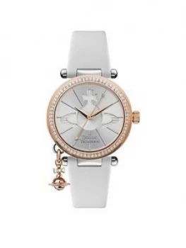 Vivienne Westwood Vivienne Westwood Orb Pastelle Silver And Rose Gold Detail Crystal Set Dial With Rose Gold Orb Charm White Leather Strap Ladies Watc