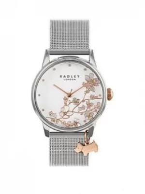Radley Floral Dial Rose Dog Charm Silver Stainless Steel Watch