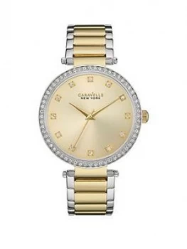 Bulova Caravelle Gold Sunray Crystal Set Dial Two Tone Stainless Steel Bracelet Ladies Watch