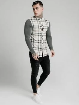 SikSilk Long Sleeve Flannel Check Granddad Shirt - Multi, Size XL, Men