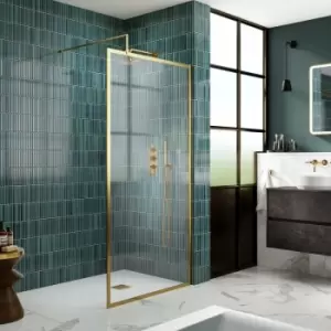Hudson Reed Full Outer Framed Wetroom Screen 1000mm W x 1950mm H with Support Bar 8mm Glass - Brushed Brass