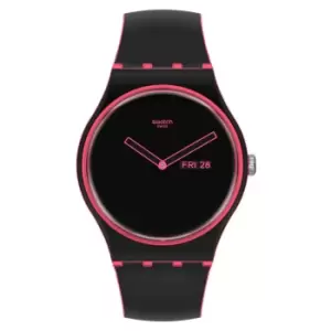 Swatch Minimal Line Pink Quartz Black Dial Black Silicone Strap Unisex Watch SO29P700