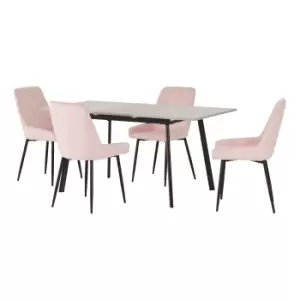 Avery Concrete Effect Extendable Dining Table with 4 Pink Dining Chairs Baby Pink