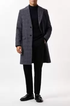 Mens Navy Wool Blend Checked Overcoat