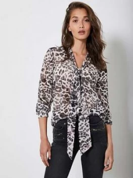 Mint Velvet Amber Animal Print Tie Neck Longline Blouse - Neutral Size 12, Women