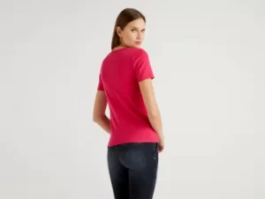 Benetton, T-Shirt In 100% Cotton With Glitter Print Logo, taglia S, Cyclamen, Women