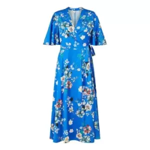 Yumi Blue Floral Satin Wrap Dress - Blue