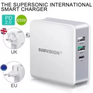 Sumvision 65W USB type C Multi-Port UK/EU/US Wall Charger suitable for USB-C Laptop Charging