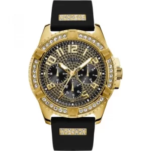 GUESS Gents gold watch with crystals, Black crystal-covered dial and Black silicone strap.
