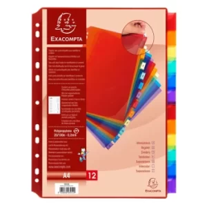 Exacompta Dividers PP A4, 12 Part, Plain, Assorted, Pack of 10