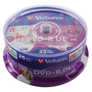 Verbatim DVDR Double Layer Inkjet Printable 8x 8.5GB DVDR DL 25pcs