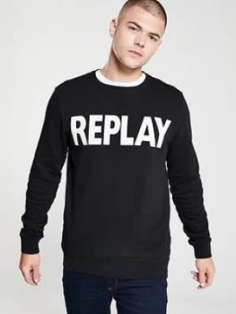 Replay Logo Crew Neck Sweatshirt - Black, Size L, Men