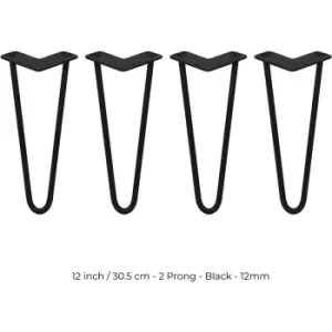 4 x Hairpin Legs / Hair Pin Legs Set SkiSki Legs Furniture Desk Bench Chair Table 12" 2 Prong 12mm Black Steel & Protector Feet - Black