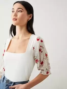Dorothy Perkins Floral Chiffon Sleeve Top - White, Size L, Women