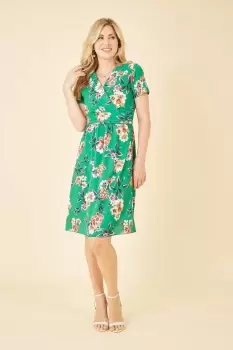 Green Floral Ruched Waist Dress