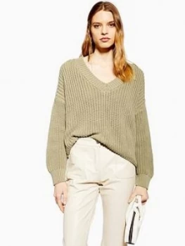 Topshop V-Neck Boxy Fit Knitted Jumper - Olive, Green Size M Women