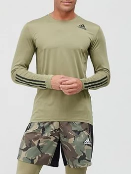 adidas 3-Stripe Techfit Baselayer Long Sleeve T-Shirt - Khaki, Size XS, Men