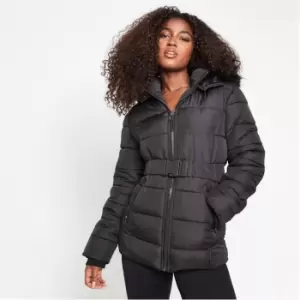 Missguided Belted Hooded Puffer Coat - Black