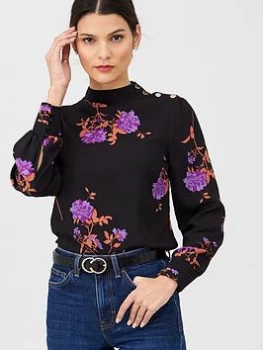 Oasis Button Shoulder Violet Floral Top - Multi Black, Multi Black, Size 12, Women