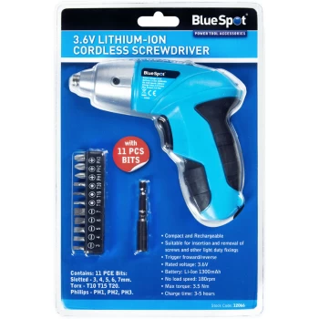 Bluespot - 12066 3.6V Lithium-ion Cordless Screwdriver with 11 Piece bits