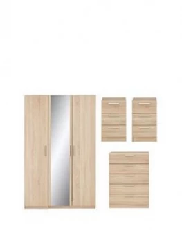 Waterford Part Assembled 4 Piece Package - 3 Door Mirrored Wardrobe, Chest Of 5 Drawers And 2 Bedside Chests