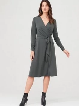 Wallis Wrap Fit & Flare Dress - Khaki, Size 14, Women