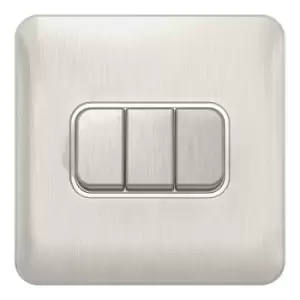 Schneider Electric Lisse Screwless Deco - 3 Gang 2 Way Light Switch, 10AX, GGBL1032WSS, Stainless Steel with White Insert