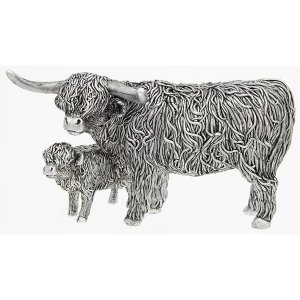 Silver Highland Coo & Wee Calf Ornament