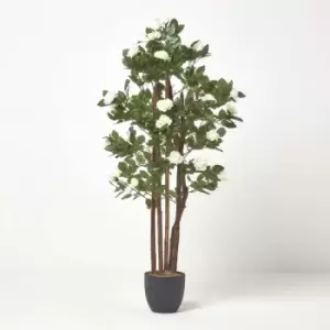 Artificial Potted White Rose Tree with Green Leaves - White - Homescapes