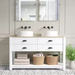 1250mm White Countertop Double Vanity Unit with Wood Effect Top and Basins - Kentmere