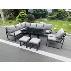 Fimous Aluminum Outdoor Garden Furniture Corner Sofa Chair Footstools Adjustable Rising Lifting Dining Table Sets Dark Grey Black Tempered Glass 9