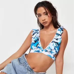 Missguided Abstract Print Frill Detail Triangle Bikini Top - Blue