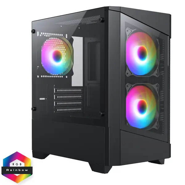 CiT Level 1 Black Micro-ATX PC Gaming Case with 3 x 120mm RGB Rainbow Fans Included With Tempered Glass Front and Side Panel