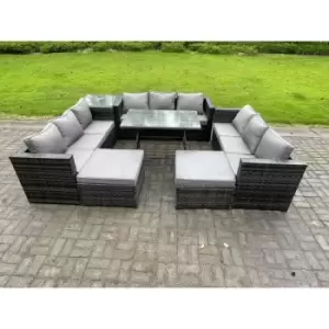 11 Seater Rattan Outdoor Furniture Lounge Sofa Garden Dining Set with Dining Table Side Table 2 Big Footstools Dark Grey Mixed - Fimous
