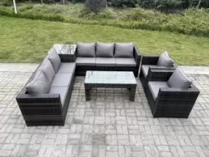 8 Seater Rattan Corner Sofa Set With Square Side Table And Oblong Rectangular Coffee Tea Table Arm Chair