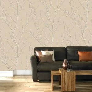 Boutique Rose Gold Water Silk Sprig Wallpaper - One size - pink