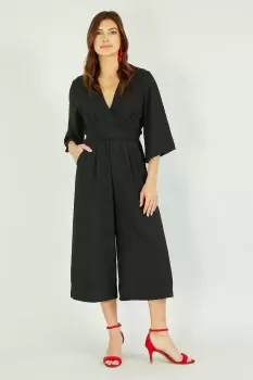 Black Kimono Style Jumpsuit With Tie Waist and Pockets