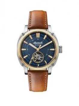 Ingersoll Ingersoll Director Blue And Gold Detail Skeleton Eye Automatic Dial Tan Leather Strap Watch