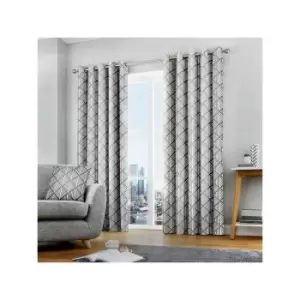 Fusion Brooklyn Geometric 100% Cotton Eyelet Lined Curtains, Grey, 66 x 90 Inch