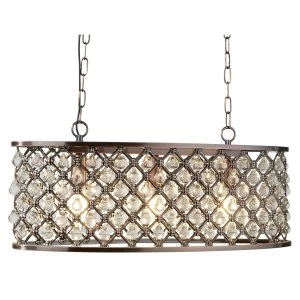 3 Light Oval Ceiling Pendant Bar Copper with Glass Crystals, E14