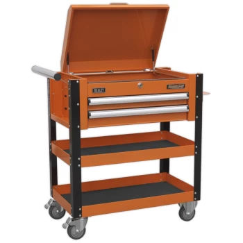 Heavy-duty Mobile Tool & Parts Trolley 2 Drawers & Lockable Top - Orange